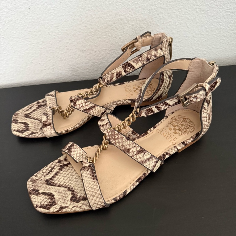 Vince Camuto Sereney Chain Leather Animal Print Flat Sandals